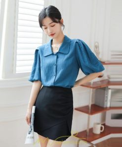 シャツ・ブラウス | ブラウス レディース オフィス シャツ 青 フォーマル 半袖 おしゃれ カジュアル フェミニン 開襟 着痩せ フランス風 お仕事 クラシック ビジネス 通勤 OL