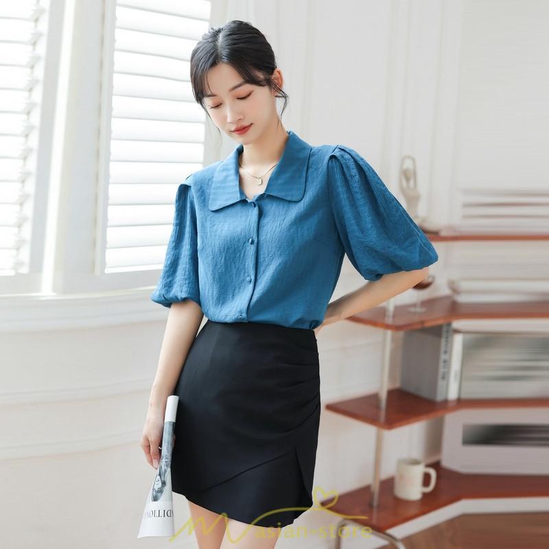 シャツ・ブラウス | ブラウス レディース オフィス シャツ 青 フォーマル 半袖 おしゃれ カジュアル フェミニン 開襟 着痩せ フランス風 お仕事 クラシック ビジネス 通勤 OL