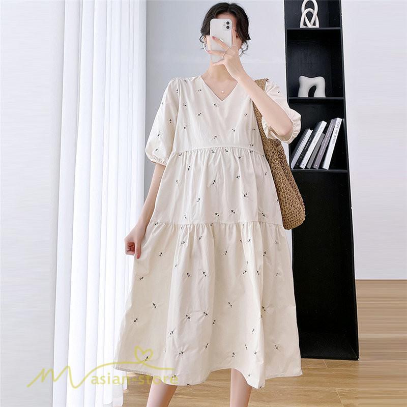 ワンピース | マタニティレディース 着痩せ 半袖 サマーマタニティウェア 上品 Aライン ゆる大きいサイズ お出かけ 韓国風 Vネック 妊婦服