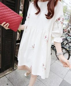 マタニティ | ワンピース 五分袖 授乳服 2type Aラインワンピース ギャザー 刺繍 可愛い 妊婦 妊娠 大人 産前産後 膝上丈ワンピース ヨコファスナー ママ