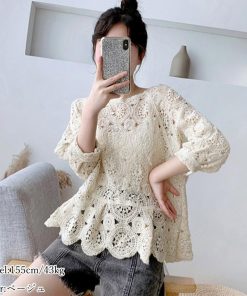 透かし編みトップス | レディース5分袖 トップス ブラウス プルオーバー シースルーカットソー 透け感 春夏 かぎ編み 透かし編み 花刺繍