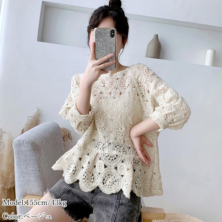 透かし編みトップス | レディース5分袖 トップス ブラウス プルオーバー シースルーカットソー 透け感 春夏 かぎ編み 透かし編み 花刺繍