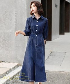 デニムワンピース | レディース デニム ワンピース マーメイド 長袖 秋 5分袖 カジュアル シャツワンピース カジュアル ロング丈 レトロ風 ポケット 着痩せ