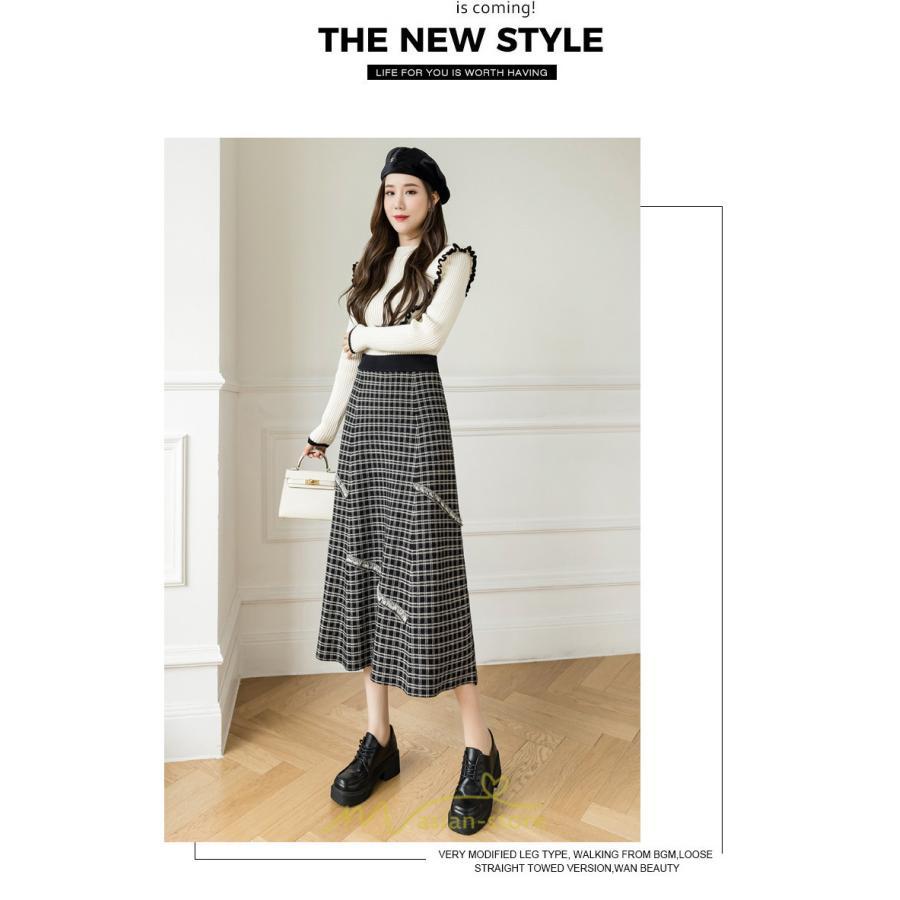 スカート | ロングチェック柄 ニット きれいめ レディース ロング丈 女子会 デート 20代 30代 40代 50代 秋 あったか お出かけ 冬 フレア 高見え 細見え