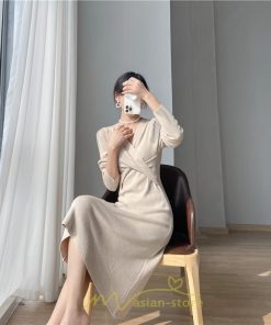 ニットワンピース | 二ットワンピース レディース ニットワンピ Vネック 長袖 トップス チュニック ロング丈 ミモレ丈 着痩せ 秋 冬 コーデ 20代30代40代 フェミニン 上品 大人