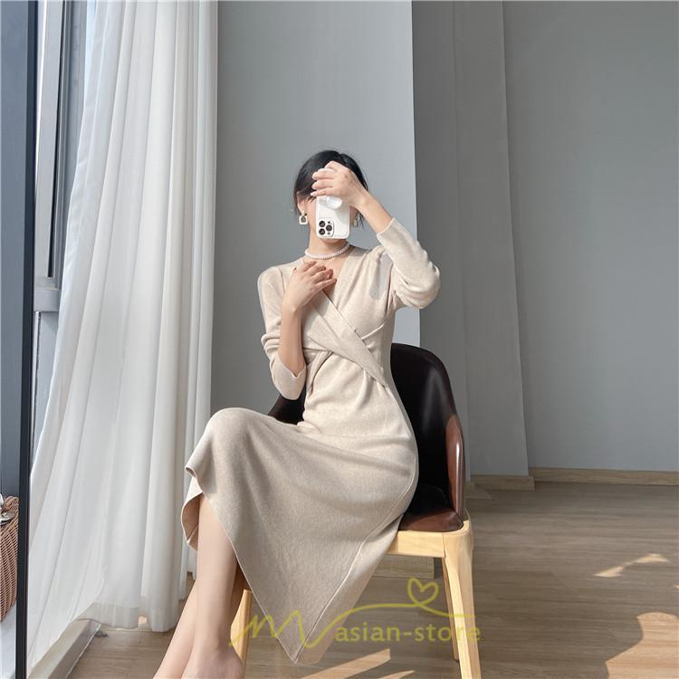 ニットワンピース | 二ットワンピース レディース ニットワンピ Vネック 長袖 トップス チュニック ロング丈 ミモレ丈 着痩せ 秋 冬 コーデ 20代30代40代 フェミニン 上品 大人