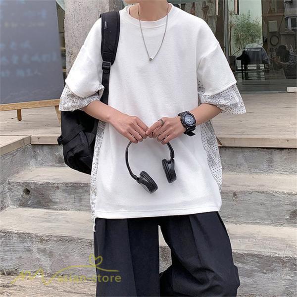 Tシャツ | メンズ 半袖 シンプル 半袖tシャツ クルーネック カジュアル 重ね着風 切り替え カッコウイイ 夏新作 カットソー ゆったり 20代 40代 体型カバー 30代