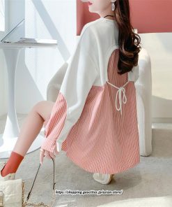 パーカー | 重ね着風トレーナー レディース 長袖 トップス カジュアル スウェット ストライプ柄 ゆったり トレーナー トップス きれいめ レイヤード風 可愛い 切り替え