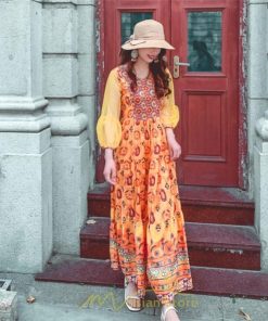 マキシ | マキシ丈ワンピース 夏 リゾート 花柄 ロング丈ワンピース ロング 七分袖 民族風 エスニック風 体型カバー 可愛い おしゃれ フェミニン 着痩せ 上品