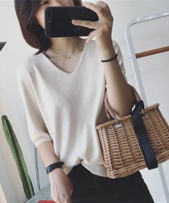 tシャツ・カットソー | Tシャツ カットソー レディース トップス 五分袖 夏服 秋物 リブ 無地 柔らかい Vネック 可愛い ニット インナー 通学通勤 20代30代 スリム 40代50代