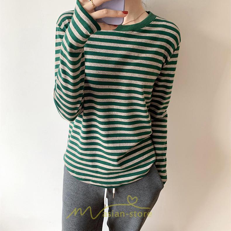 tシャツ・カットソー | 春物 レディース Tシャツ カットソー 長袖 トップス 綿 ボーダー シンプル プルオーバー リブ 柔らか 美ライン スリム ストレッチ 丸ネック 微伸縮 20代30代