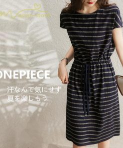 ミディアム | ワンピース レディース 夏服 綿ワンピース Aライン クルーネック 半袖 コットン おしゃれ キレイめ ウエストリボン付き 膝丈 ボーダー