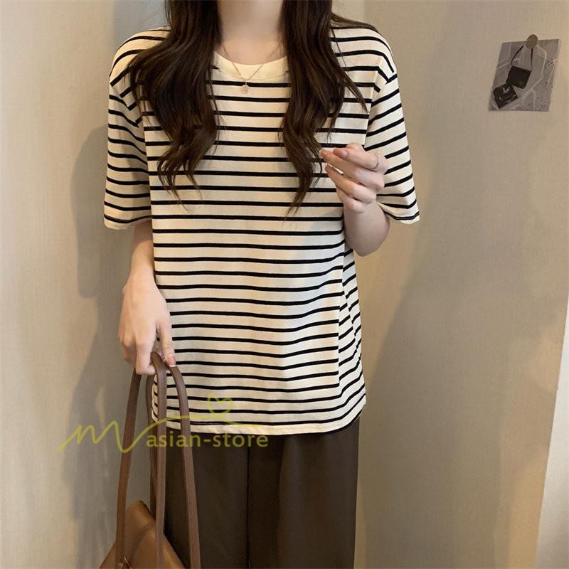tシャツ・カットソー | Tシャツ レディース 春夏 トップス カットソー 半袖 シャツ ストライプ柄 20代30代40代50代 カジュアル お出かけ 上品 韓国ファッション 着回し 着痩せ 快適