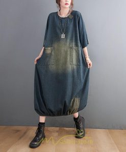 デニムワンピース | ロングワンピース レディース 長袖 ゆったり 大きいサイズ 体型カバー かわいい 藍 ロング丈 20代30代40代50代 ポケット