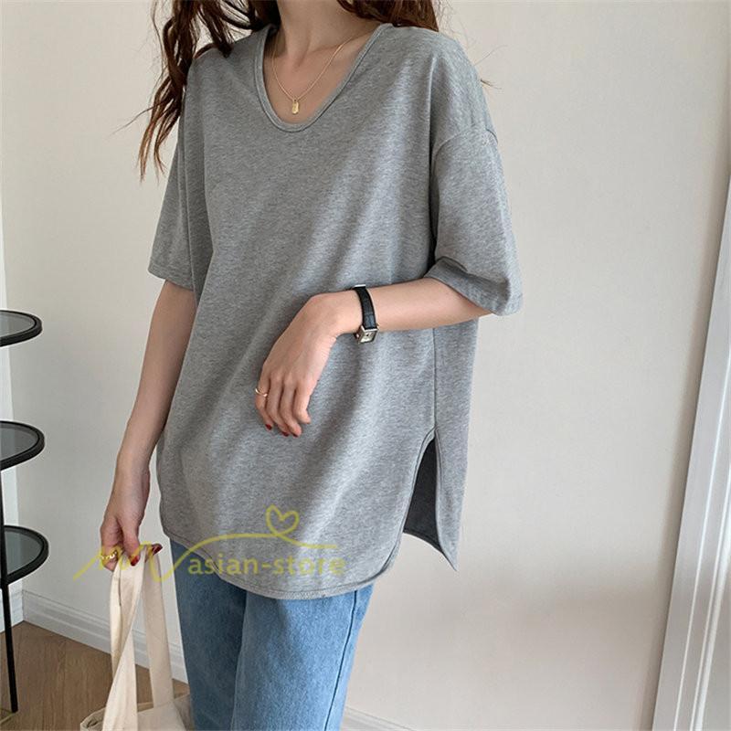 tシャツ・カットソー | Tシャツ ティーシャツ トップス カットソー レディース 春 夏 半袖 無地 綿 スリット 20代30代40代50代 お出かけ 体型カバー 通勤通学 着回し カジュアル 上品