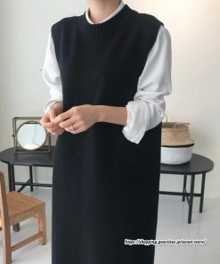 ベスト | ニットベストワンピース ロングレディース ベストワンピース ロングワンピース ニットワンピース ノースリーブ 袖なし サイドスリット入れ 丸首 無地