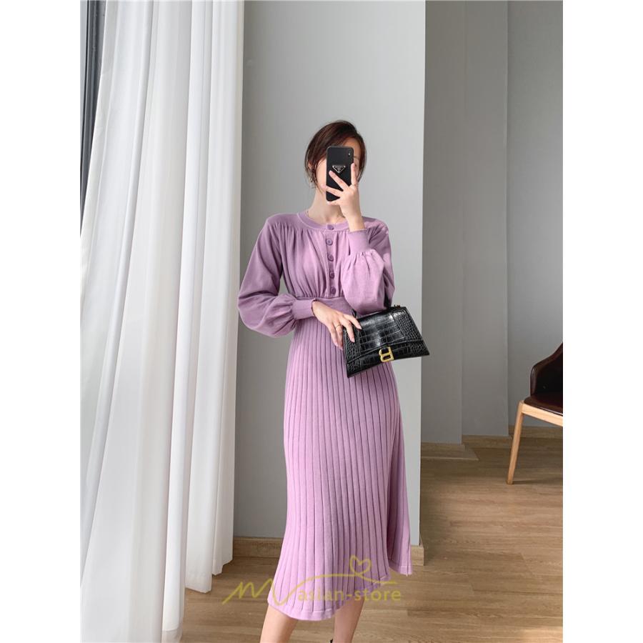 ニットワンピース | レディース 冬 きれいめ ロング おしゃれ 秋冬 長袖 送料無料 着痩せ 無地 通勤 提灯袖 可愛い パフスリーブ 20代30代40代50代