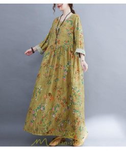 マキシ | ワンピース 大きいサイズ レディース  楽ちん 美人 コットン 夏 秋 新作 ぽっちゃり ゆったり 長袖 お腹 太もも 華奢 花柄 丸首 ポケット 黄色 美脚 着痩せ 通勤