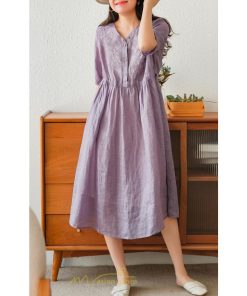 ミディアム | ワンピース レディース 夏新作 半袖 五分袖 ミモレ丈 刺繍 無地 Aラインワンピース ギャザー ゆったり Vネック ウエストリボン付き 調整可 40代 綿麻 30代