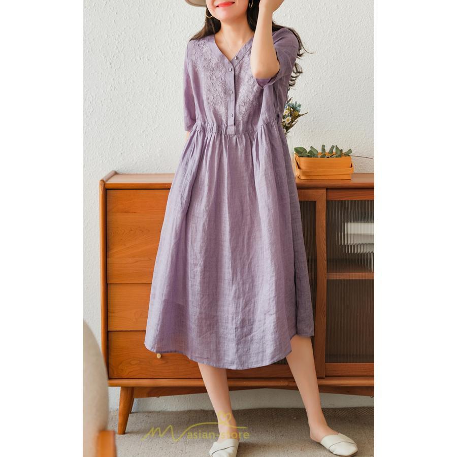 ミディアム | ワンピース レディース 夏新作 半袖 五分袖 ミモレ丈 刺繍 無地 Aラインワンピース ギャザー ゆったり Vネック ウエストリボン付き 調整可 40代 綿麻 30代