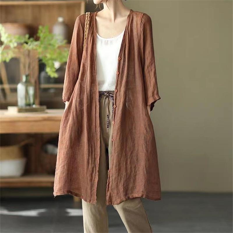 カーディガン | レディース リネン 麻混 ロング 春 秋 ゆったり 7分袖 40代 50代 無地 4色 冷え防止 透け感 羽織 初秋 30代 秋大きいサイズ 20代