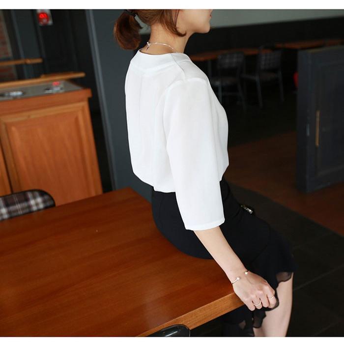 シャツ・ブラウス | シャツブラウス レディース シャツ 五分袖 Vネック 無地 トップス カットソー 可愛い 大人 30代 40代 50代 フォーマル ピンク 白 ブルー オフィス