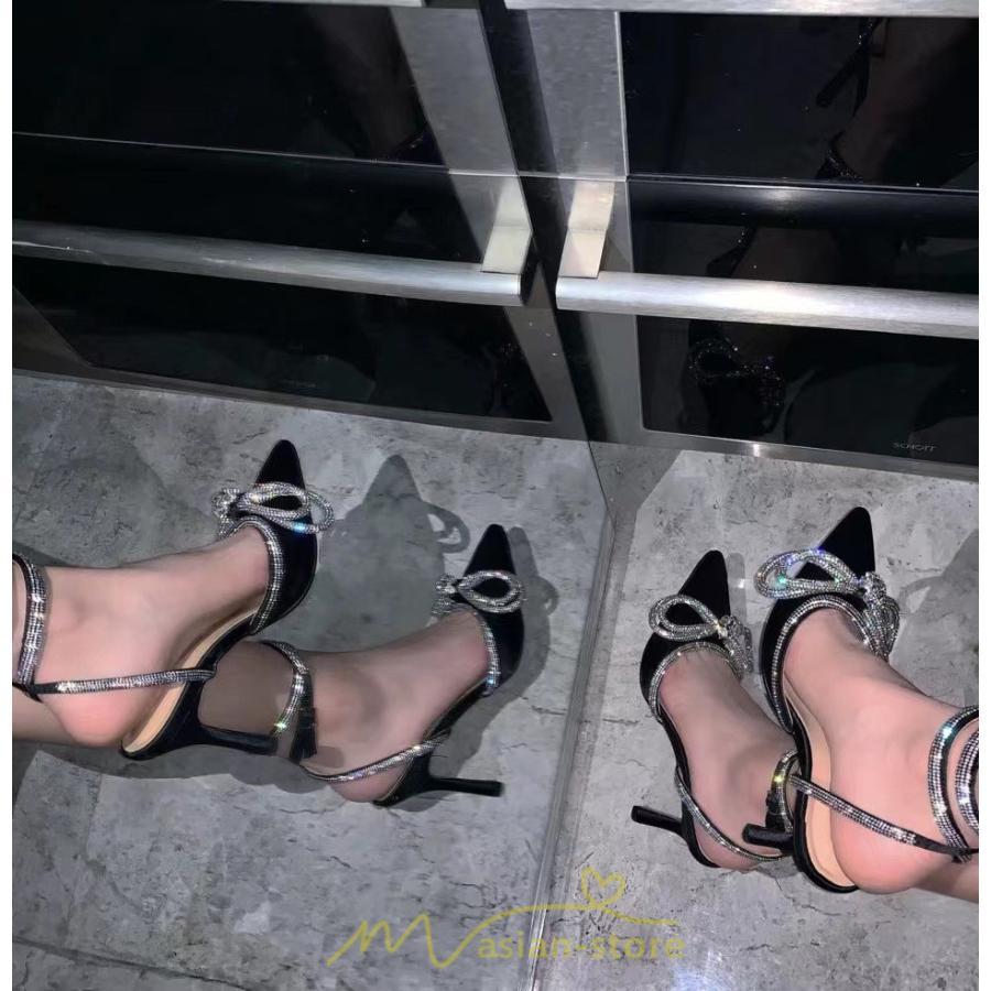 パンプス | ハイヒール パーティー ストラップ サンダル 蝶結び 人工水晶 きらきら 6cm8cmヒール 結婚式 ヒール 長時間 夏 華奢魅せ 美脚 靴 疲れない