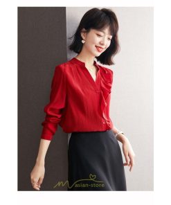 シャツ・ブラウス | ブラウス レディース シャツ トップス 赤 長袖シャツ 無地 オフィス カジュアル おしゃれ シフォン 通勤 フリル 可愛い オシャレ キレイめ ナチュラル 上品