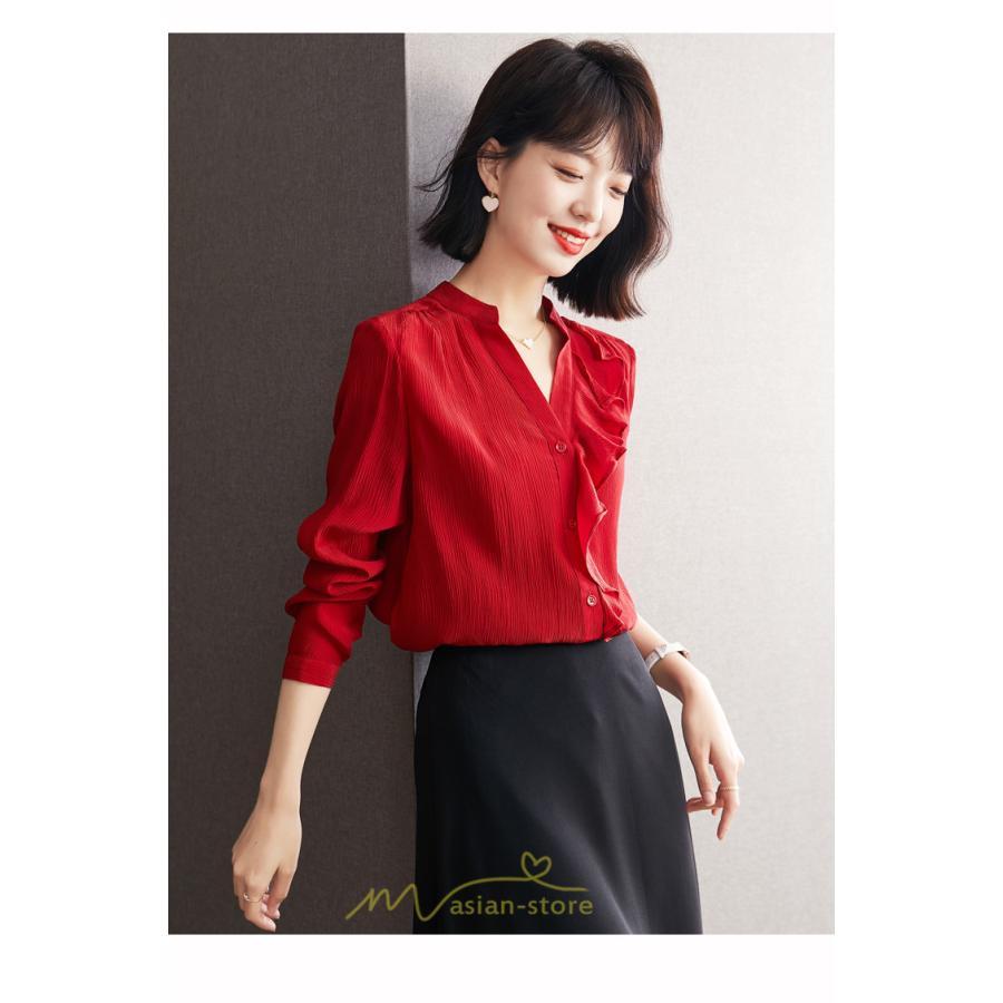 シャツ・ブラウス | ブラウス レディース シャツ トップス 赤 長袖シャツ 無地 オフィス カジュアル おしゃれ シフォン 通勤 フリル 可愛い オシャレ キレイめ ナチュラル 上品