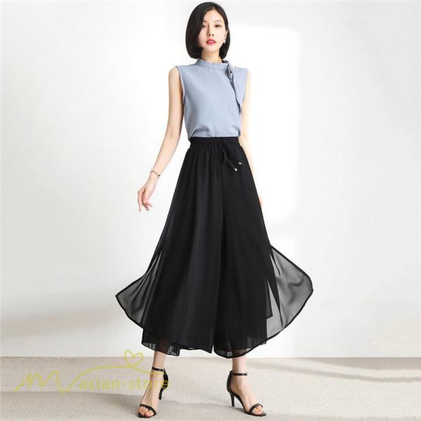 ワイドパンツ | キュロットスカート レディース 春夏新作 九分丈無地 ハイウエスト 体型カバーズボン 30代 40代 50代 ボトムス 通勤 着痩せ オシャレ