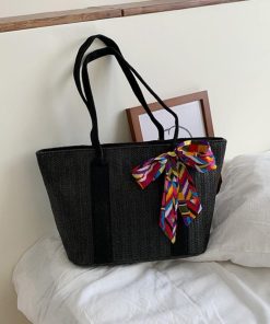 ハンドバッグ | 草編みバッグ リボン スカーフ付き かごバッグ 手提げバッグ レディース ストローバッグ 大容量 トートバッグ ハンドバッグ