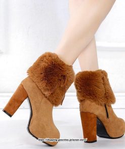 ブーツ | ショートレディース ハイヒール 10cmヒール 厚底 冬用 保温防寒 スエード調 ファー 靴 冬靴 太めヒール シューズ サイドジッパー 痛くない