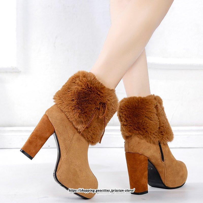 ブーツ | ショートレディース ハイヒール 10cmヒール 厚底 冬用 保温防寒 スエード調 ファー 靴 冬靴 太めヒール シューズ サイドジッパー 痛くない