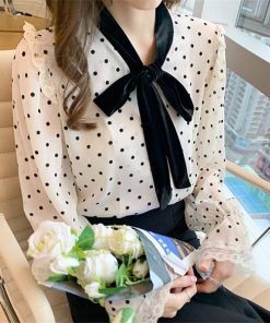 シャツ・ブラウス | ブラウス レディース 長袖ブラウス 秋服 オフィスブラウス リボンネック オシャレブラウス プリントトップス 韓国風 大人 ゆったりシャツ 通勤OL ドット柄 上品