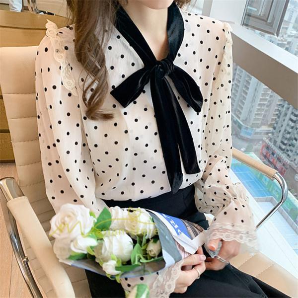 シャツ・ブラウス | ブラウス レディース 長袖ブラウス 秋服 オフィスブラウス リボンネック オシャレブラウス プリントトップス 韓国風 大人 ゆったりシャツ 通勤OL ドット柄 上品
