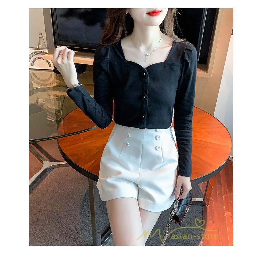 tシャツ・カットソー | ショート丈Tシャツ レディース 長袖Tシャツ カットソー タイト スリム 無地 トップス 綿 秋物 可愛い 小さい 通学通勤 20代30代 インナー 綿Tシャツ