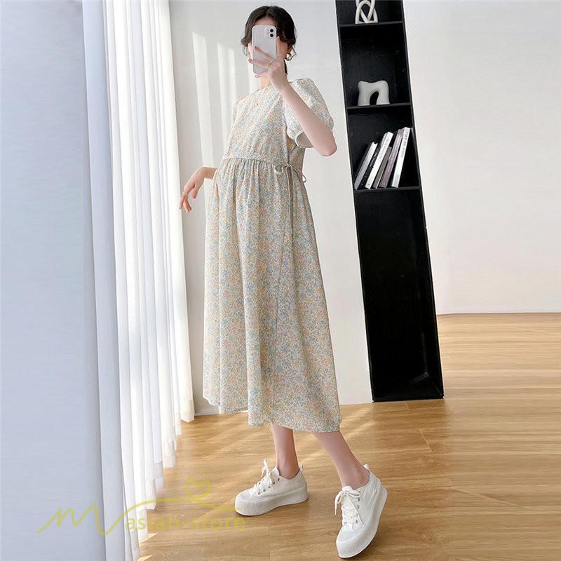ワンピース | マタニティレディース Aライン 妊婦服 体型カバー 着痩せ マタニティウェア 小花柄 柔らか きれいめ お出かけ マタニティ 夏服 ひざ下丈
