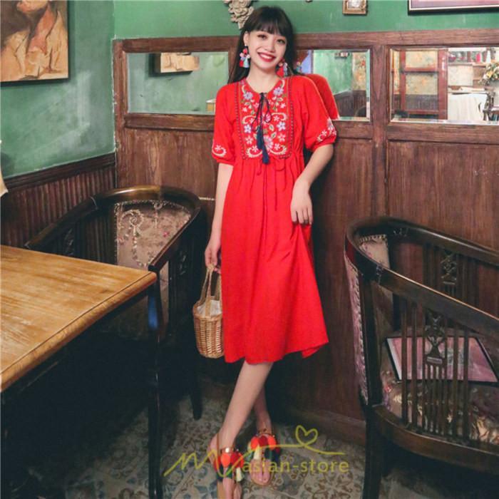 マキシ | ワンピース レディース 刺繍 綿麻 レトロ調 インスタ映え ナチュラル エスニック風 民族風 ボヘミアン 柔らかい SNS映え リゾート 赤 黄色 撮影 白