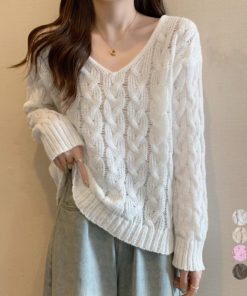 ニット・セーター | ケーブル編みニットトップス Vネック春秋