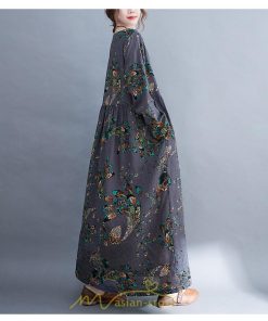 マキシ | ワンピース レディース 長袖 ロング カジュアル 花柄プリント 大きいサイズ  ぽっちゃり 着痩せ 上品 新作 丸首 秋 Aライン 夏 20代30代40代50代 レトロ風