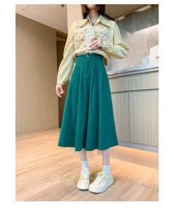 スカート | コーデュロイ台形秋冬 Aライン バッグゴム サイドポケット リブ 広い裾幅 通学通勤 オフィス ミモレ丈 可愛い ロング丈 低身長