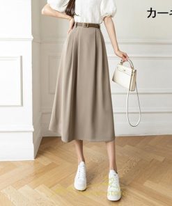 スカート | Aラインミモレ丈 裏地付き ボトムス 春 夏 黒 ベージュ カーキ おしゃれ お呼ばれ ファッション 女子会 カジュアル 無地 デート