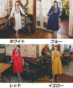 マキシ | ロングワンピース  レディース 夏 秋 夏秋 リゾート ロング ワンピ 長袖 大人 白 黄色 青 赤 四色展開 がーりー 刺繍 レトロ風 かわいい おしゃれ きれいめ 上品