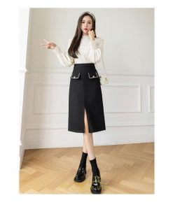 スカート | ロング丈 ミモレ丈 ハイウエスト Aライン レディース エレガント レトロ風 着痩せ 秋冬 スリット 女子会 ビジネス 通勤 OL フォーマル 就活　