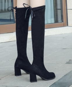 ロングブーツ | ストレッチニーハイブーツ レディース チャンキーヒール レースアップ スエードブーツ ミドルヒール 太ヒール 膝上丈 大きいサイズ 黒ブーツ