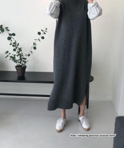 ベスト | ニットベストワンピース ロングレディース ベストワンピース ロングワンピース ニットワンピース ノースリーブ 袖なし サイドスリット入れ 丸首 無地