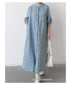 マキシ | 長袖ワンピース チェック柄ワンピース ロングワンピース レディース 秋物 ワンピース 楽チン 綿ワンピース 綿シャツワンピ スタンドカラー ゆったり 大きめ