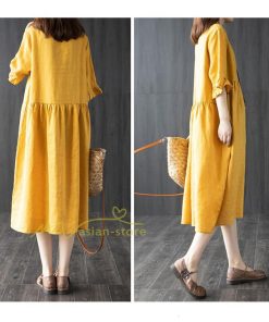 ミディアム | ワンピース レディース 40代 50代 半袖 きれいめ ゆったり ミディ丈 30代 ミディアム丈 綿麻混ワンピース 韓国ファッション 丸首 上品 カジュアル 夏物 お出かけ