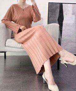 ワンピース | ニット秋冬 レディース ミモレワンピ きれいめ 膝丈下 Vネック フェミニン 長袖リブニット