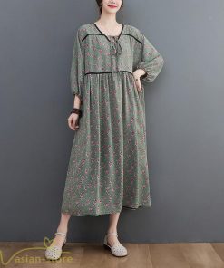 マキシ | ワンピース レディース Vネック 7分袖 秋 ロングワンピース フリーサイズ 花柄 40代 50代 大人 レトロ風 ゆるワンピース カジュアル 秋コーデ 30代 大人 20代